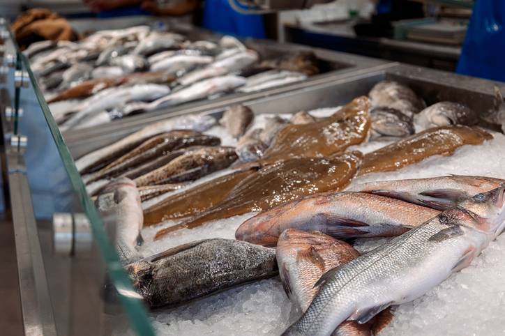 Colorful selection of seafood at fish market in Rhodes, Greece