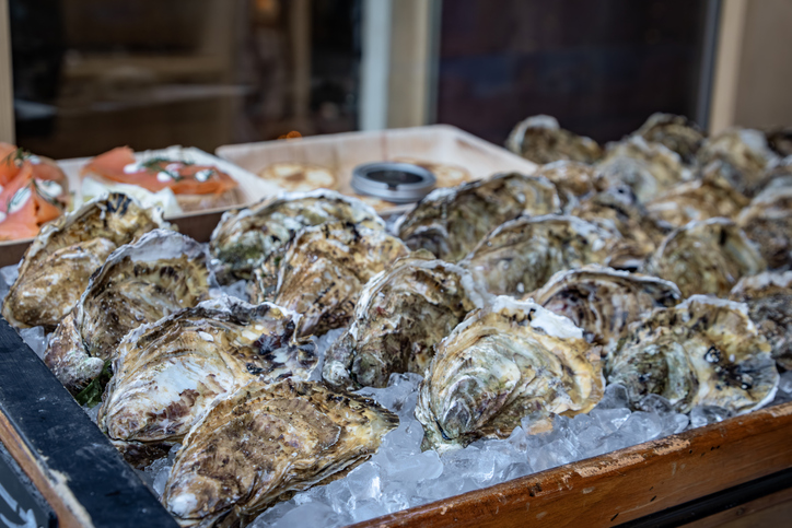 Oysters for sale at a festive Christmas Market stall in Zurich, Switzerland